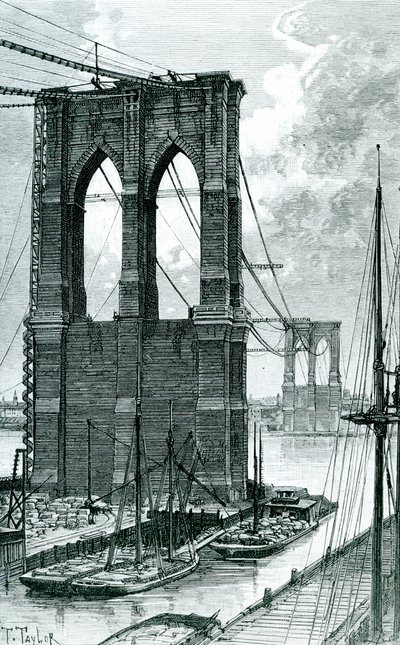 Ponte di Brooklyn in costruzione, disegnato da una fotografia, 1878 da T. Taylor